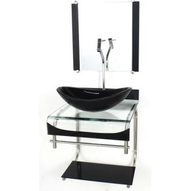 Imagem de Gabinete de vidro 40cm para banheiro curvado duplo inox cuba oval pret