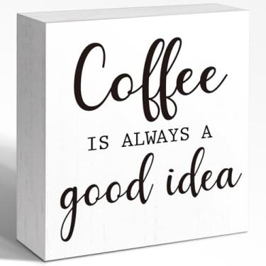 Imagem de WUZYOU Placa de caixa de madeira de café, decoração de parede de 12,4 cm x 12,7 cm, Coffee Is Always A Good Idea Cafe Wood Block Sign Wall Decorate, Rustic Cafe Desk Shelf Wall Decoration