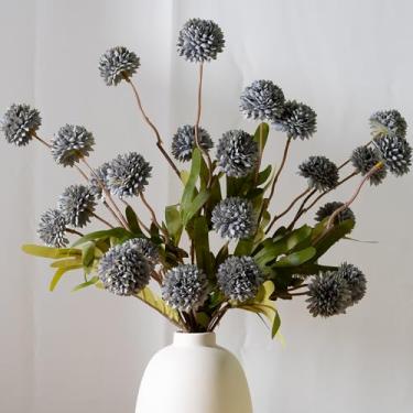 Imagem de LESING 5 peças de flores artificiais de haste longa com eucalipto, seda falsa bola de crisântemos, hastes de flores artificiais, pompom artificial, flores para mãe, decoração de arranjos florais a