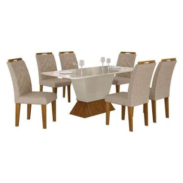 Imagem de Mesa De Jantar Larissa 180x90 Off White Freijó Com 6 Cadeiras Mdf Freijó Linho Palha - Leifer Móveis