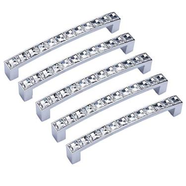 Imagem de abcGoodefg Puxador de armário com strass de vidro cristal decorado moderno, comprimento de 12,7 cm (13,5 cm centros de furo), prata transparente, liga de zinco, pacote com 5