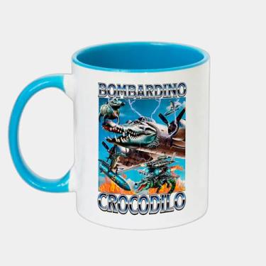 Imagem de Caneca Branca com Alça e Interna Azul de Porcelana 325ml - Bombardino Crocodilo Italian Brainrot Meme