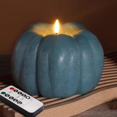Imagem de Eywamage Vela sem chama de abóbora azul empoeirada com controle remoto, vela decorativa LED operada por pilhas, cera real Φ 13,7 cm A 10 cm