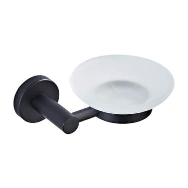 Imagem de Conjunto de banheiro de latão preto - Toalheiro com prateleira para secador de cabelo, suporte para papel higiênico e saboneteira redonda