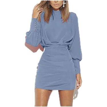 Imagem de Sexy Backless Bodycon Vestido Senhora Do Escritório De Manga Comprida Std Pescoço Mini Vestido Plissado Plus Size Vestido De Chiffon Confortável, Blue, S