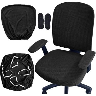 Imagem de HAPPYDOG Conjunto de 4 capas de cadeira de escritório, extensíveis, giratórias, de computador, capas de assento com apoio de braço (preto)
