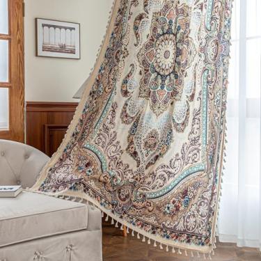 Imagem de Erbnaryx Cortinas estampadas artesanais populares para sala de estar, 137 cm de comprimento, hippie indiano, boêmia e filtro de luz, 2 painéis, bege