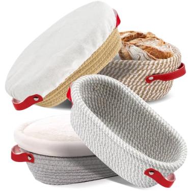 Imagem de Cesta de algodão Banneton à prova de pão oval Banneton conjunto de 4 suprimentos para assar pão de fermento com forro e capa de pano, presentes para padeiros