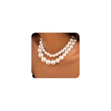 Imagem de 2 peças de colar gargantilha de pérola grossa, requintados colares de clavícula de contas grandes em camadas, conjunto de colar de bola branca doce para casamento nupcial, Large, Metal, Sem Pedra