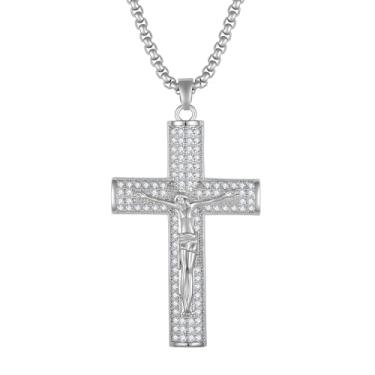 Imagem de Colar masculino de crucifixo com cruz de Jesus, pingente banhado a ouro 14K, pingente de crucifixo de cruz de Jesus Cristo, cristal religioso hip hop, joia de presente para Páscoa e Natal, Aço