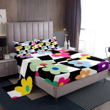 Imagem de Feelyou Jogo de lençol Queen com estampa floral, geométrico, geométrico, moderno, arte abstrata, para meninos e meninas, preto, para decoração de quarto