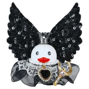 Imagem de Ornamentos de carro de pato de borracha angular com asa de glitter preto, pato legal com colar de cristal, varinha mágica em forma de lua, pato decoração de painel de carro, lembrancinhas de festa