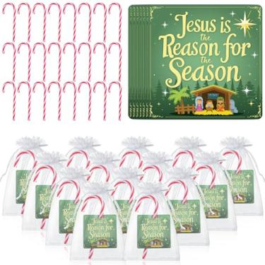 Imagem de Soulchen 24 Packs Religious Christmas Plastic Peppermint Candy Cane with Jesus Is the Reason for the Season Card Organza Bag Gift Set for Church Gatherings Holiday Events Community Supply