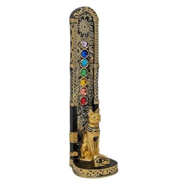 Imagem de Incensário Porta Incenso Vareta Gato Bastet De Resina 18cm (Preto e Gato Dourado)
