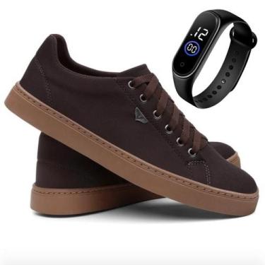 Imagem de Sapatênis Masculino Solado Costurado Reforçado Marrom + Relógio Led Di