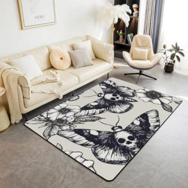 Imagem de Tapete de área de traça da morte para meninos e meninas adultos, tapete gótico de caveira da morte 3x5, tapete decorativo juvenil boêmio para quarto sala de estar cabeceira, tapete de esqueleto de ossos para ambientes internos, preto