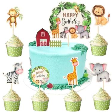 Imagem de 13 peças de topo de cupcake de animais de fazenda e 1 peça de topo de bolo de animal leão macaco elefante zebra topo de bolo de aniversário decorações de festa de aniversário para crianças chá de bebê