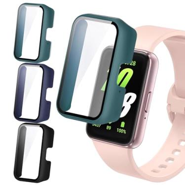 Imagem de Vancle Pacote com 3 capas para Samsung Galaxy Fit 3, capa protetora completa com protetor de tela de vidro temperado para smartwatch Samsung Galaxy Fit 3 (preto/azul marinho/verde)
