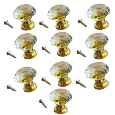 Imagem de Puxador de Cristal Decorativo, Base Dourada, 25mm, Acabamento Lapidado, para Móveis 10 Unidades