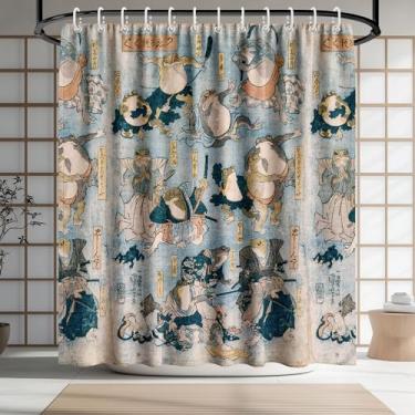Imagem de Cortina de chuveiro engraçada Samurai Frogs 182 x 182 cm com 12 ganchos, decoração de banheiro vintage do folclore japonês, cortina de banho de tecido de poliéster à prova d'água estilo arte Ukiyo-e