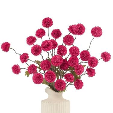 Imagem de DuHouse 6 peças de flores artificiais de seda sintética, mini bola de crisântemo de seda pequena com hastes para buquês de casamento faça você mesmo, centro de mesa, decoração de cozinha (rosa choque)