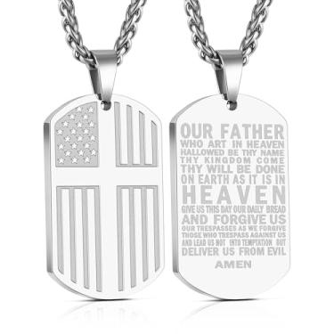Imagem de Yanxyad Cruz etiqueta de cão bandeira americana versículo bíblia colar de aço inoxidável corrente pingente militar joias religiosas presentes para homens adolescentes 55 + 5 centímetros, Medium, Aço