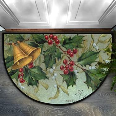 Imagem de Capacho de Natal meio redondo, vintage, sinos de Natal, antiderrapante, meio círculo, durável, lavável, tapete para sala de estar, quarto, interior, exterior, cozinha, chão, decoração de casa, meia