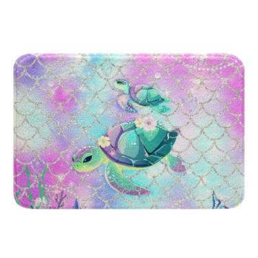 Imagem de Erosebridal Conjunto de tapete de banheiro colorido de tartaruga marinha, rosa azul-petróleo cauda de sereia escama tapete de banho para decoração de quarto de crianças, tapete de banho de água-viva