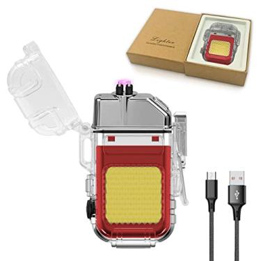 Imagem de YOZWOO Isqueiro de vela elétrico USB tipo C isqueiro de plasma sem chama à prova de vento sem butano com luz externa para acampamento, caminhada, equipamento tático de sobrevivência (vermelho)