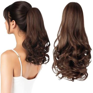 Imagem de HEWEICSY Extensão de rabo de cavalo, rabo de cavalo com clipe para mulheres, clipe de garra de 35,5 cm em extensão de cabelo de pônei ondulado curto encaracolado para mulheres - marrom claro