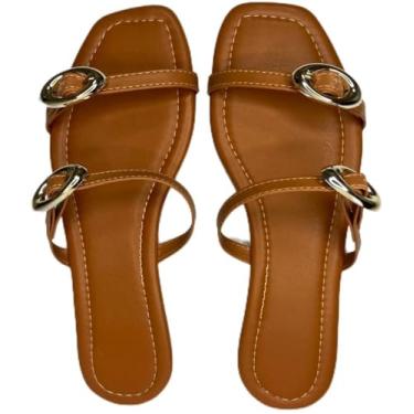 Imagem de Chinelo Rasterinha Feminino Slide com Tiras Duplas e Fivelas Douradas, Marrom Caramelo, Estilo Casual, 35.