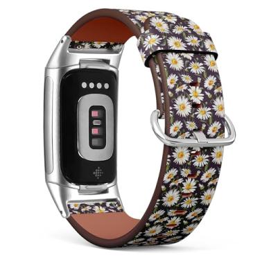 Imagem de MRAKPLGE Pulseira de relógio, estampa floral margarida branca, compatível com Fitbit Charge 6/Fitbit Charge 5, pulseira de couro vegano de substituição, pulseira, pulseira para homens e mulheres