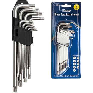 Imagem de Jogo Chave Torx Longa 9 Peças Furo Guia + Suporte Prata 350g