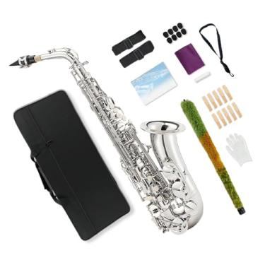 Imagem de ModouString Saxofone alto E Flat Silver Lacquer Sax Kit completo com estojo de transporte, bocal, tiras, kit de saxofone de palheta para iniciantes para adultos