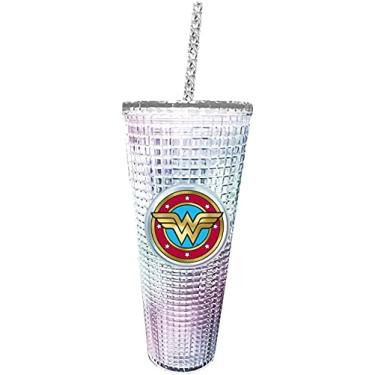 Imagem de Spoontiques - Copo de diamante da Mulher Maravilha com canudo - Copo de acrílico de 590 ml com tampa
