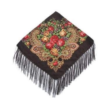 Imagem de Lenço Quadrado Floral com Franjas - Estilo Ucraniano Babushka, Café