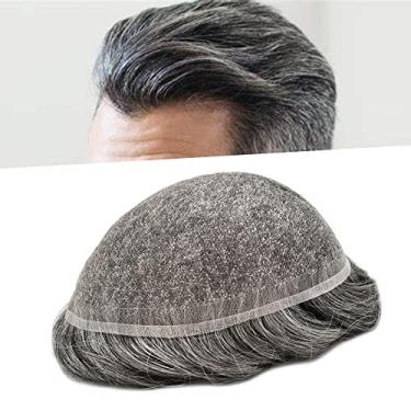 Imagem de Toupee para homens sistema de cabelo humano substituição renda francesa peruca masculina peruca unidade de cabelo perucas para homens 7X9#1B50 preto + 50% cinza 120% densidade