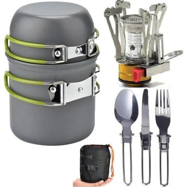 Imagem de Mini Fogareiro + Conjunto Panela Camping 2 Peças+ Talheres