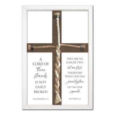 Imagem de flowtorely Um cordão de três fios cerimônia de casamento unidade decoração de parede 38 x 25 cm Matthew 19 6 cristão casamento oração cruz sinal emoldurado arte de parede (branco)