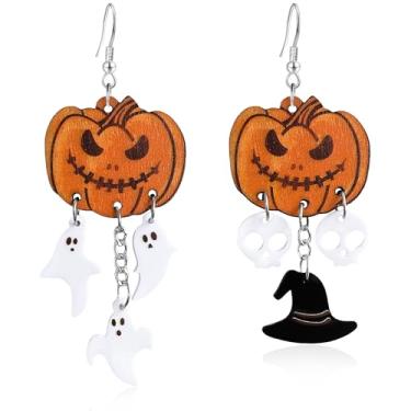 Imagem de JNONL Brincos de gota feitos à mão com pingente de fantasma de abóbora assimetria de madeira exclusivo caveira chapéu de bruxa brincos de gancho para mulheres, Medium, Metal, Sem pedra preciosa