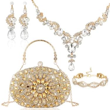Imagem de Quelay Conjunto de 4 peças de joias de strass para casamento, nupcial, feminino, bolsa de mão com colar, pulseira, brincos pendentes, 8 x 5.5 x 2.3 inch, strass, PU, poliéster, Sem Pedra Preciosa