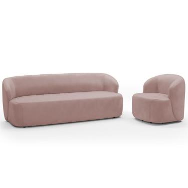 Imagem de Sofá 3 Lugares 205cm Com Poltrona Giratória Orgânica Heidy F04 Veludo Rosê - Lyam Decor
