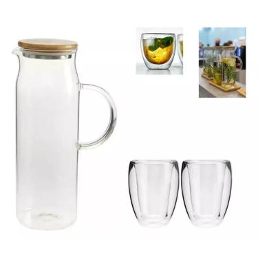Imagem de Kit Jarra Suco Tampa Bambu Vidro 1,5 L 04 Copos Parede Duplo