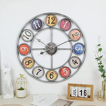 Imagem de QLDFX Relógio de parede livre 23 polegadas ferro forjado números redondos relógio grande ao ar livre cara aberta metal quartzo silencioso funciona com pilhas relógio de decoração para casa jardim (B)