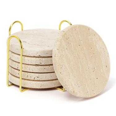 Imagem de YONGHEE Conjunto de 6 porta-copos de travertino com suporte, porta-copos rústicos de mármore bege para decoração de mesa de café, porta-copos absorvente de pedra natural porosa redonda de 10 cm