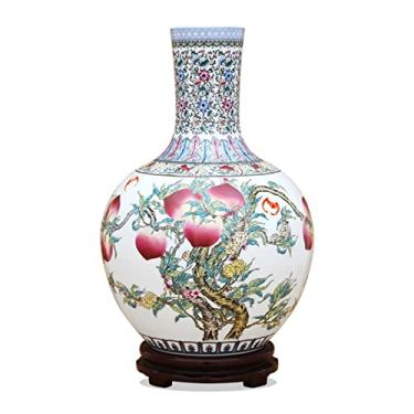 Imagem de AKALNNB Vaso de flores estilo chinês, vaso de cerâmica, retrô chinês, nove pêssegos, pintado, azul e branco, vaso de flor de porcelana de porcelana grande de 41 cm