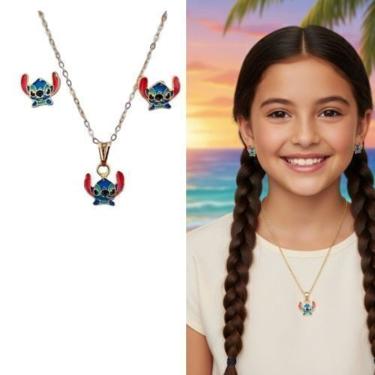 Imagem de Kit Conjunto Colar e Brincos Personagem Disney com Pingente Stitch Angel Lilo Labubu Folheado Ouro Dourado Antialérgico