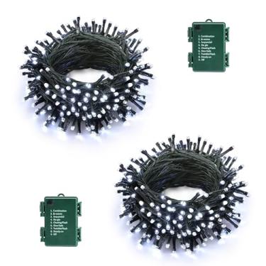 Imagem de Lomotech Luzes de Natal operadas por bateria – Pacote com 2, total de 10 metros, 100 LEDs, 8 modos à prova d'água com temporizador para casa, jardim, festa, férias, decoração de árvore (fio verde