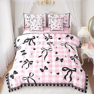 Imagem de Conjunto de edredom solteiro com laço preto, 7 peças, para crianças, meninas, xadrez, branco, rosa, xadrez para mulheres jovens, edredom listrado de renda + elástico + lençol de cima + 2 fronhas + 2