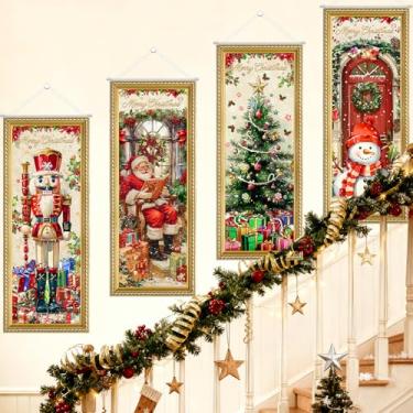 Imagem de 4 peças de decoração de porta de Natal vintage Feliz Natal bandeira árvore de Natal Papai Noel boneco de neve quebra-nozes banner pendurado sinais de varanda de boas-vindas para uso ao ar livre